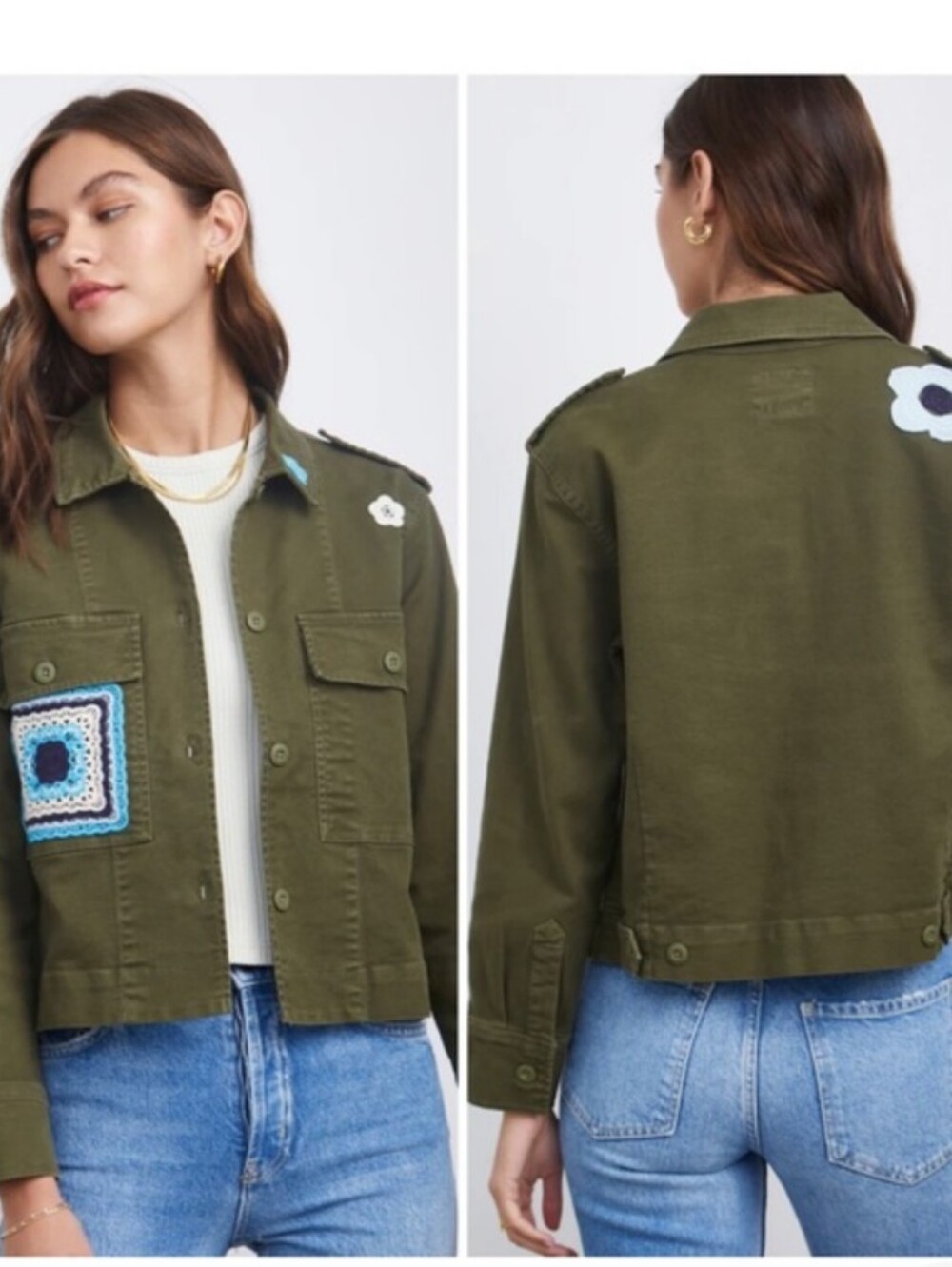 Rails Olive Green Cropped Military Jacket with Floral Appliqué
